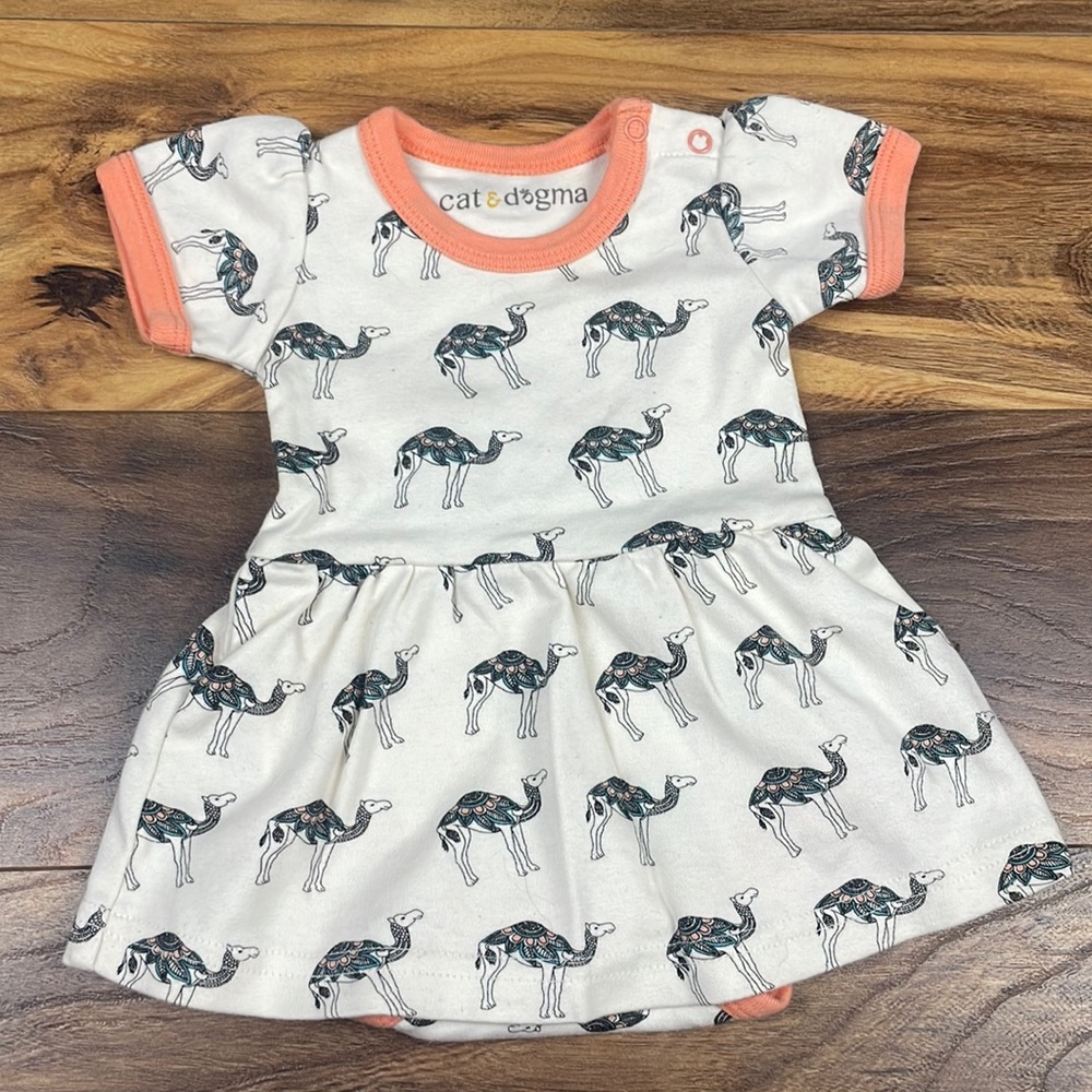 Organic cotton camel print onesie dress